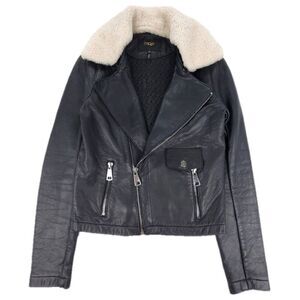 MAJE Bluff Leather Biker Jacket Shearling Fur Collar Moto Black Minimal Grunge